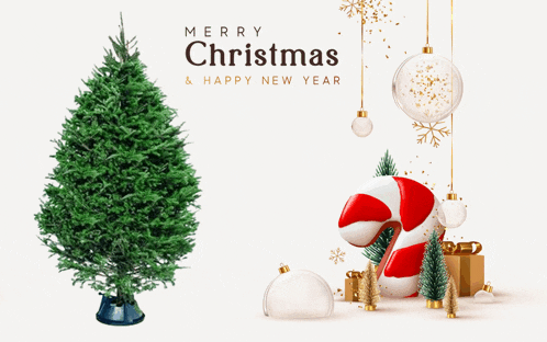 a merry christmas and happy new year greeting with a christmas tree and candy cane