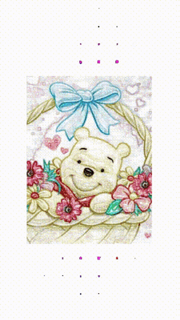 winnie the pooh is laying in a basket of flowers