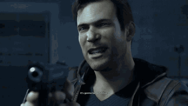 a man holding a gun with the words " it 's gonna be different now " on the screen