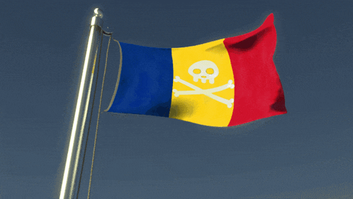 a blue yellow and red flag with a skull and crossbones