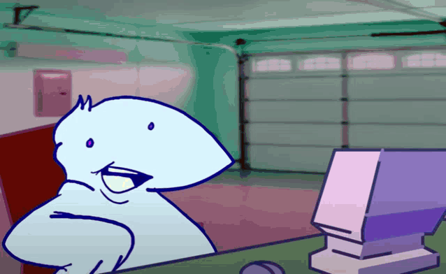 a cartoon character is sitting at a desk in front of a computer