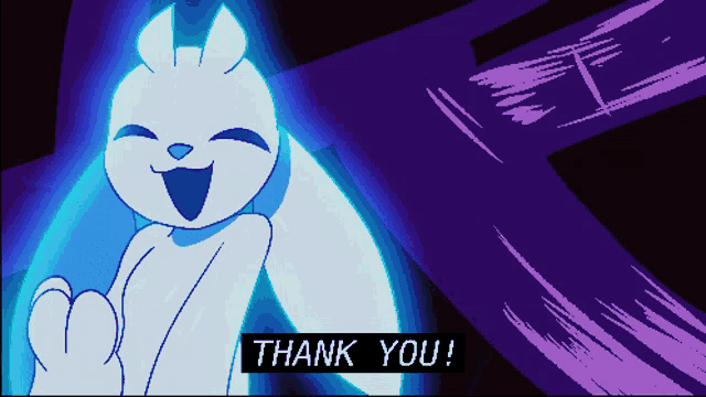 a cartoon character giving a thumbs up with the words thank you written below it