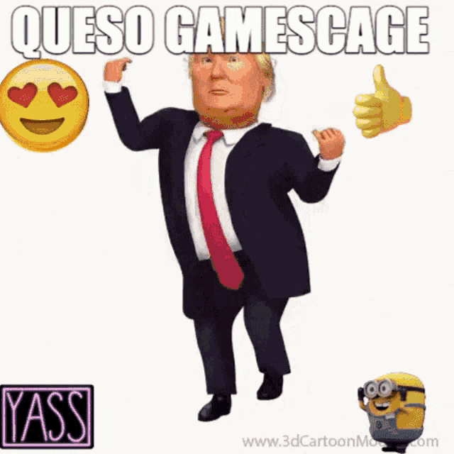 a cartoon of donald trump with the words queso gamescage on the bottom