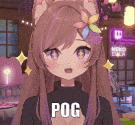 a girl with a flower in her hair has the word pog in white letters