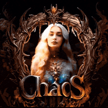 a poster for the video game chaos with a woman in the center