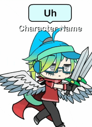 a cartoon character with a sword and a speech bubble that says character name