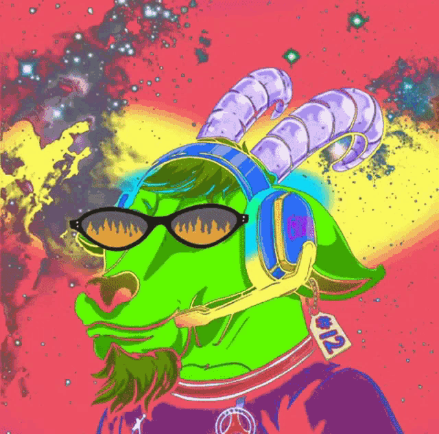 a cartoon of a goat wearing headphones and sunglasses with a tag that says 912
