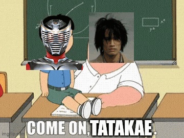 a cartoon of peter griffin sitting at a desk with a picture of a man and the words come on tatakae .