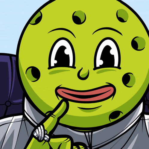 a cartoon drawing of a green face with a ring on it