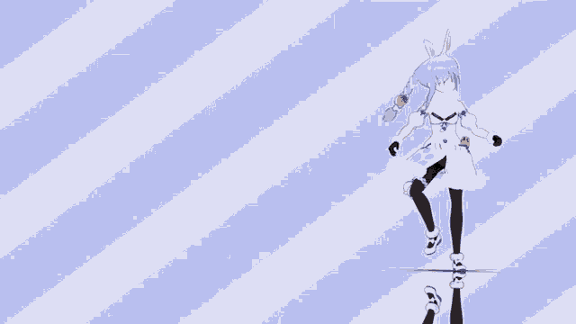 a blue and white striped background with a girl in a bunny outfit