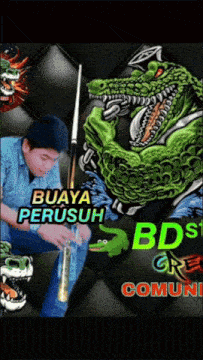 a man is holding a pool cue in front of a crocodile that says buaya peruh
