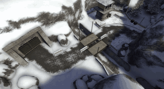 an aerial view of a snowy area with a sign that says ' emergency exit '