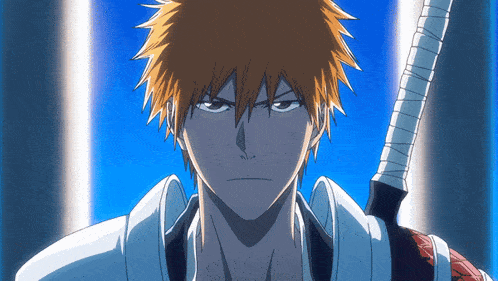 a man with orange hair is holding a sword and looking at the camera