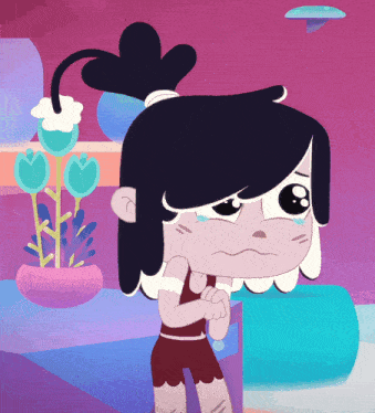 a cartoon of a girl with black hair and a sad look on her face
