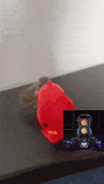 a red object is laying on a table next to a picture of a red object