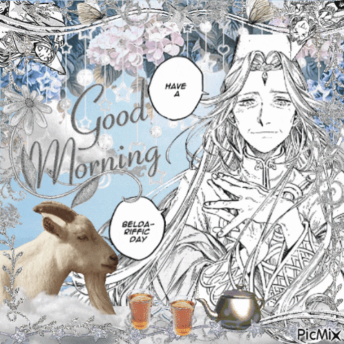 a drawing of a man and a goat with the words " good morning "