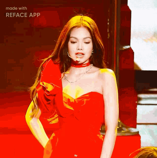 a woman in a red dress with a choker is being made with reface app