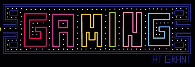 a neon sign that says gaming at grant with a pac man on it