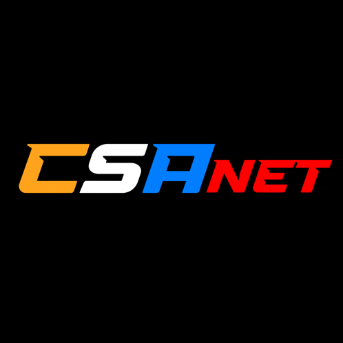 a logo for csanet is shown in blue white and red on a black background