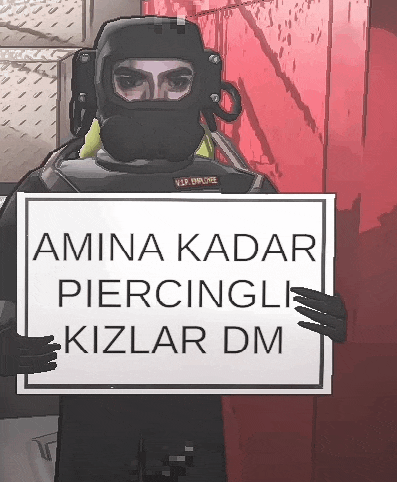 a man in a black mask holds a sign that says amina kadar piercingli kizlar dm