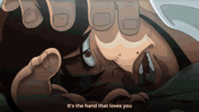 a close up of a person 's face with the words " it 's the hand that loves you " written below it