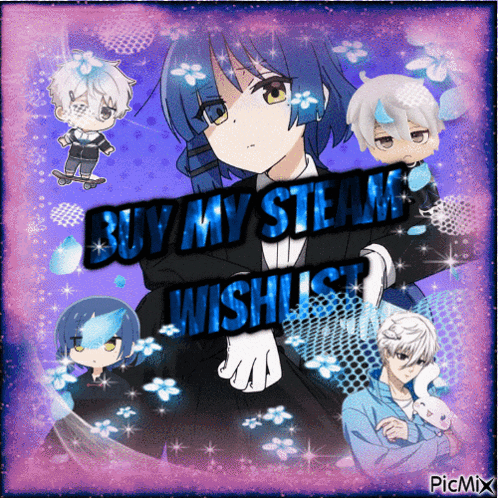 a picture of a girl with the words buy my steam wishlist