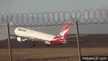 a qantas plane is taking off from a runway