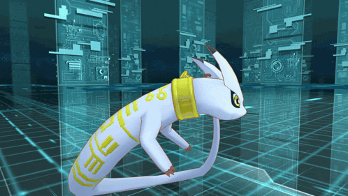 a white and yellow cartoon character with the number 86 on its back
