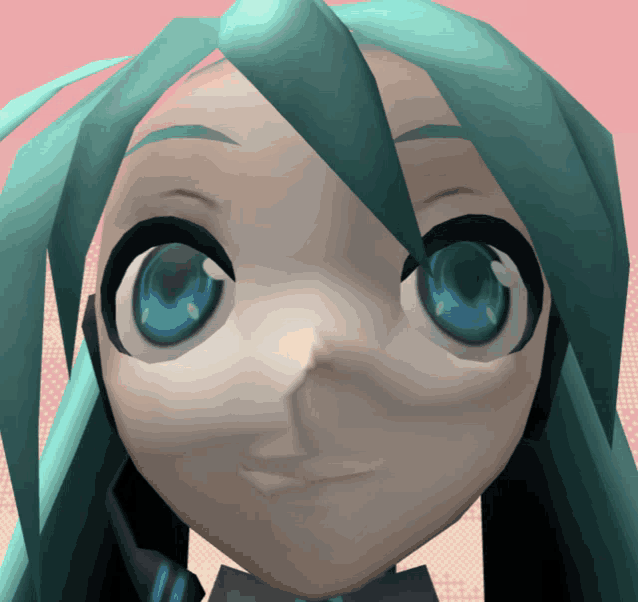 a close up of hatsune miku 's face with green hair and blue eyes