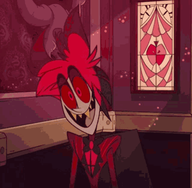 a cartoon character with red hair and red eyes is smiling in front of a stained glass window