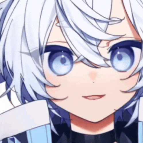 a close up of a person 's face with blue eyes and white hair