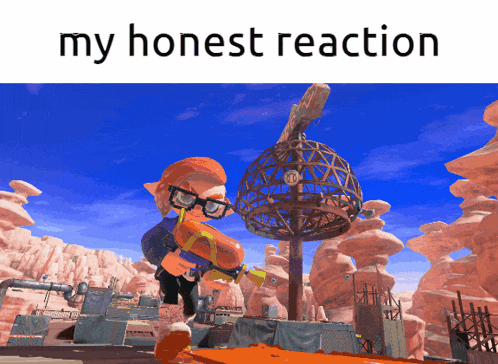 a cartoon character holding a gun with the words " my honest reaction " on the top