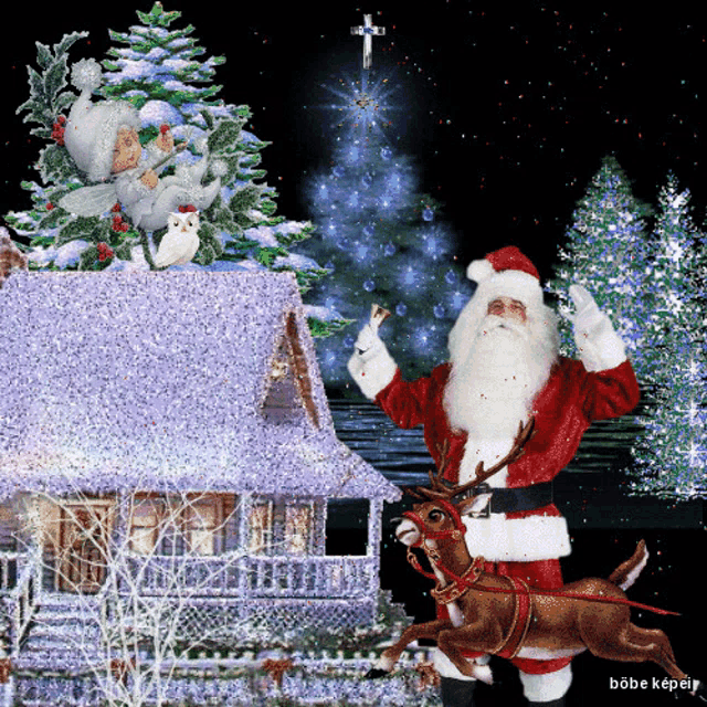 a picture of santa claus riding a reindeer in front of a christmas tree