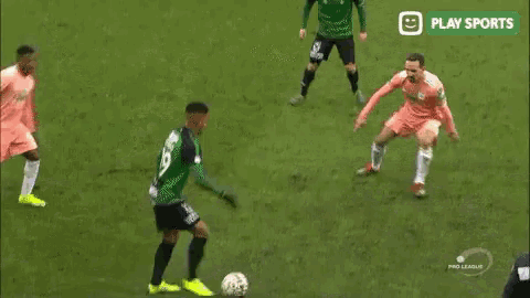 a group of soccer players are playing a game of soccer on a field sponsored by play sports