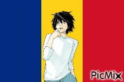 a boy in a white shirt is standing in front of a blue yellow and red flag