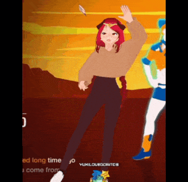 a girl with red hair and a feather in her hair is standing in a video game .