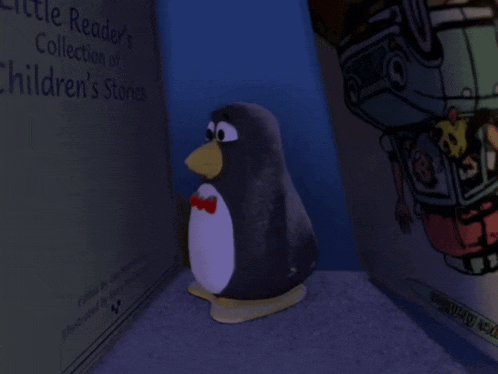 a little reader 's collection of children 's stories is open to a page with a stuffed penguin on it