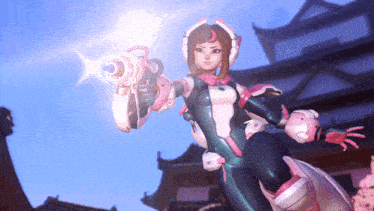 a woman in a pink and green suit holding a gun