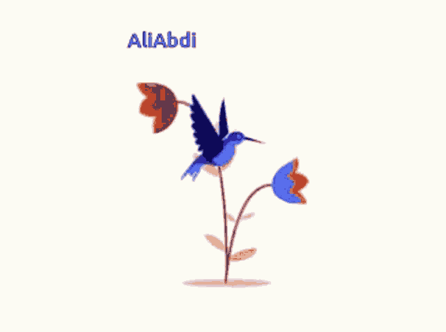 a hummingbird is eating a flower from a plant with the name aliabdi on the bottom