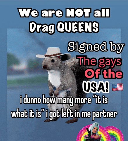 a picture of a squirrel wearing a cowboy hat with the caption " we are not all drag queens "