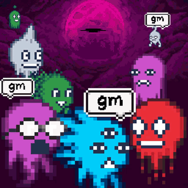 a group of ghosts with gm speech bubbles on their faces
