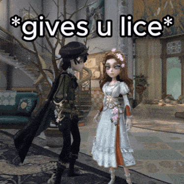 a girl in a white dress is standing next to a man in a black hat who says " gives u lice * "