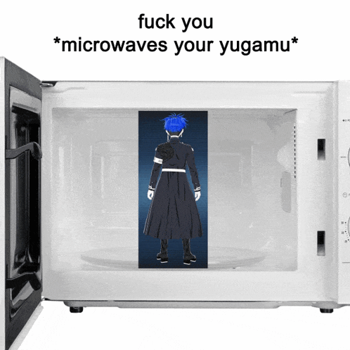 a microwave with a picture of a man and the words " fuck you * microwaves your yugami * " on top