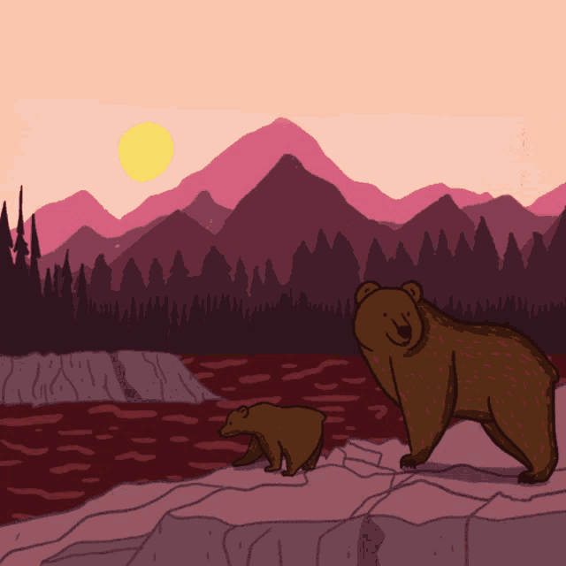 a mother bear and her cub are standing on a rock near a river
