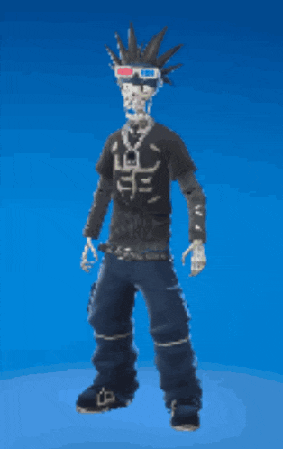 a skeleton wearing 3d glasses and a mohawk giving the middle finger