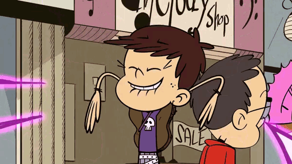 two cartoon characters are standing in front of a store with a sale sign on it