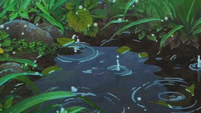 a pixel art of rain drops falling into a pond surrounded by greenery .