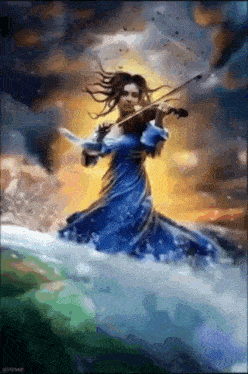 a woman in a blue dress is playing a violin in the sky .