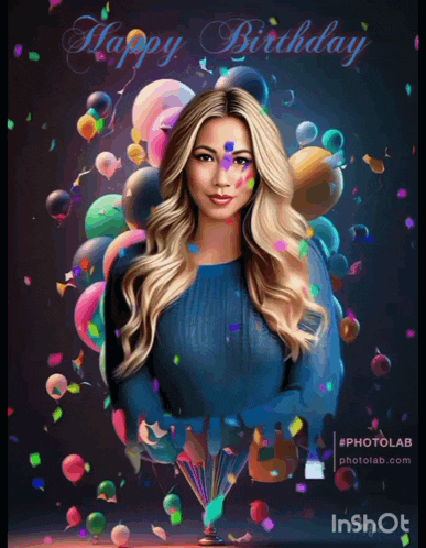 a woman in a blue sweater is surrounded by balloons and confetti with the words happy birthday written above her