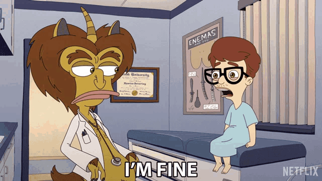 a cartoon character says i 'm fine in front of a netflix logo